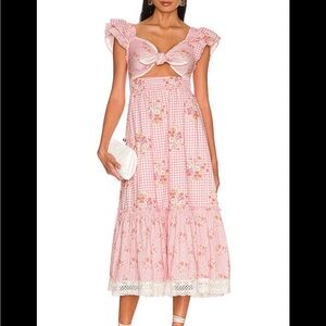 LoveShackFancy Pink Floral Gingham Tie-Back Maxi Dress
